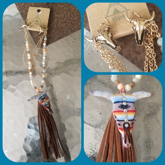 🌈LAST 1 boho SteerHead Fringe Necklace Earring - Picture 4 of 7